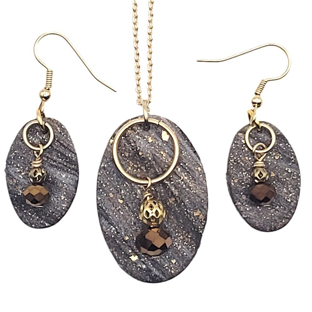 Necklace and Earrings Set - Earthy Tones with Brass Accents - Handmade